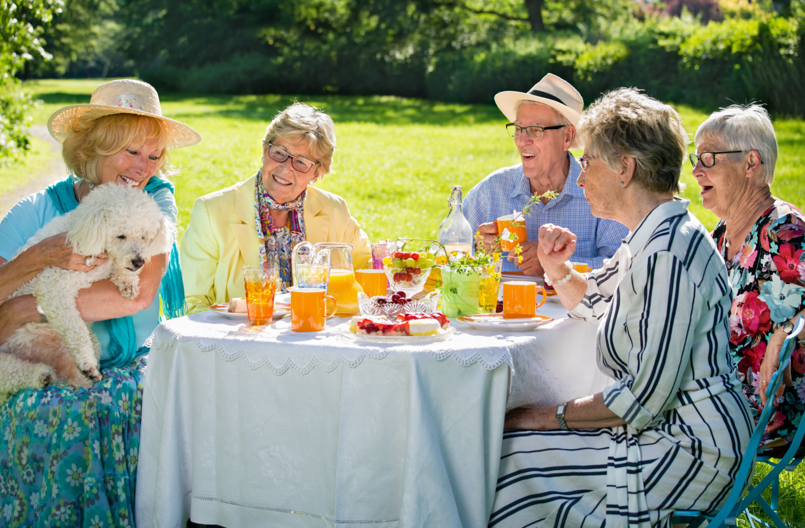 A group of 5 seniors sit around a breakfast table outside, admiring a small Poodle one of them is holding.